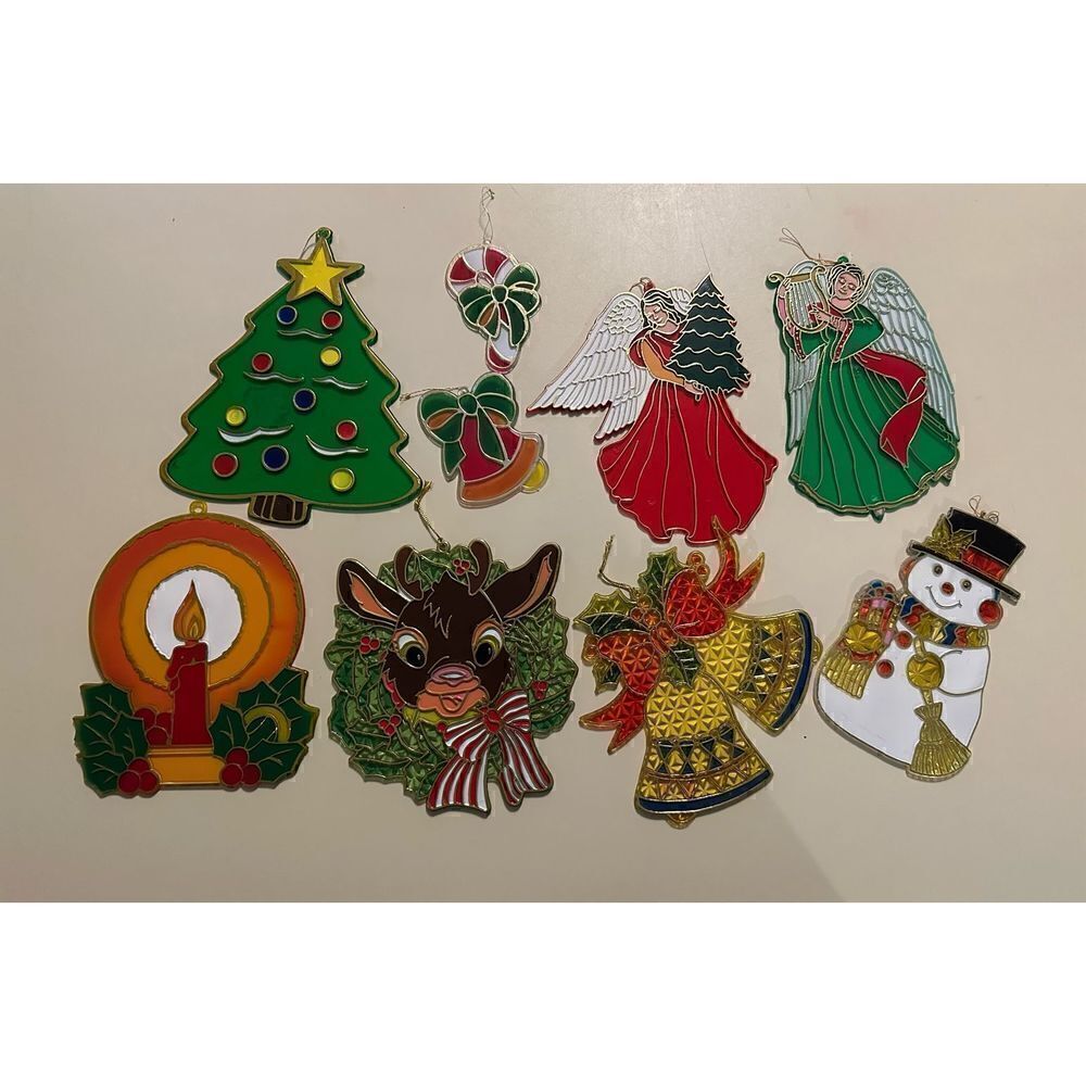 VINTAGE LARGER STAINED GLASS LOOK WINDOW ORNAMENT SUNCATCHERS CHRISTMAS MCM